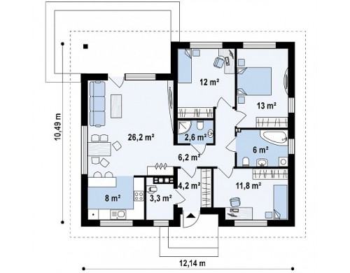 Проект дома PB-015 12.14x10.49m 93,6 м² , 1 этаж