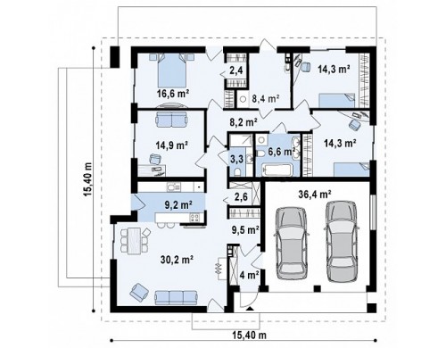 Проект дома PB-017 15.4x15.4m 144,5 / 180,9 м² , 1 этаж