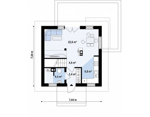 Проект дома PB-019 7.44x7.44m 71,1 / 77,9 м² , 2 этажа